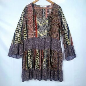 Easel Anthropologie Women's Tiered Mini Dress Sz L Long Bell Sleeve Boho Y2K 70s